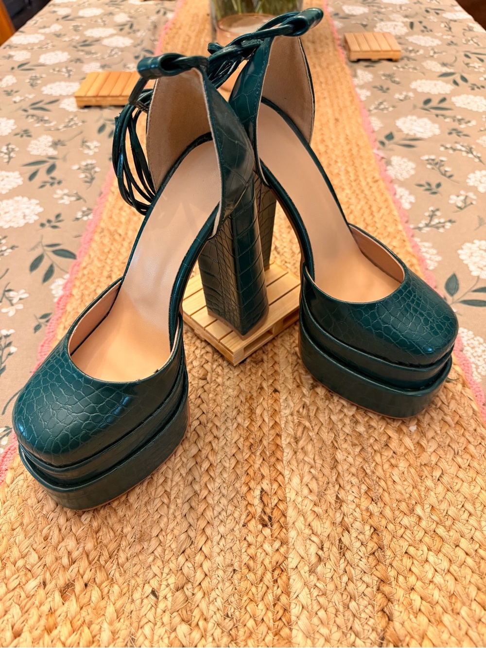 Teal Croc-Embossed Platform Ankle-Strap Pumps - Picture 2 of 7
